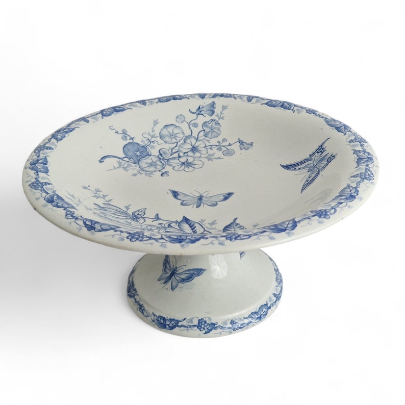 Blue Transferware Cake Stand by Fénal Frères Pexonne, Butterflies Pattern, Antique French Ceramic Pedestal Compote Dish