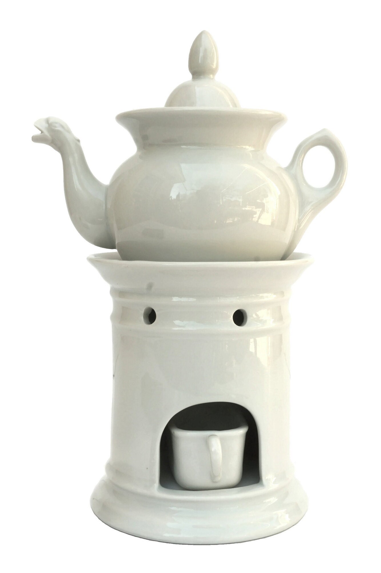 French Porcelain Teapot with Warmer Stand, Ceramic Veilleuse and Tisaniere