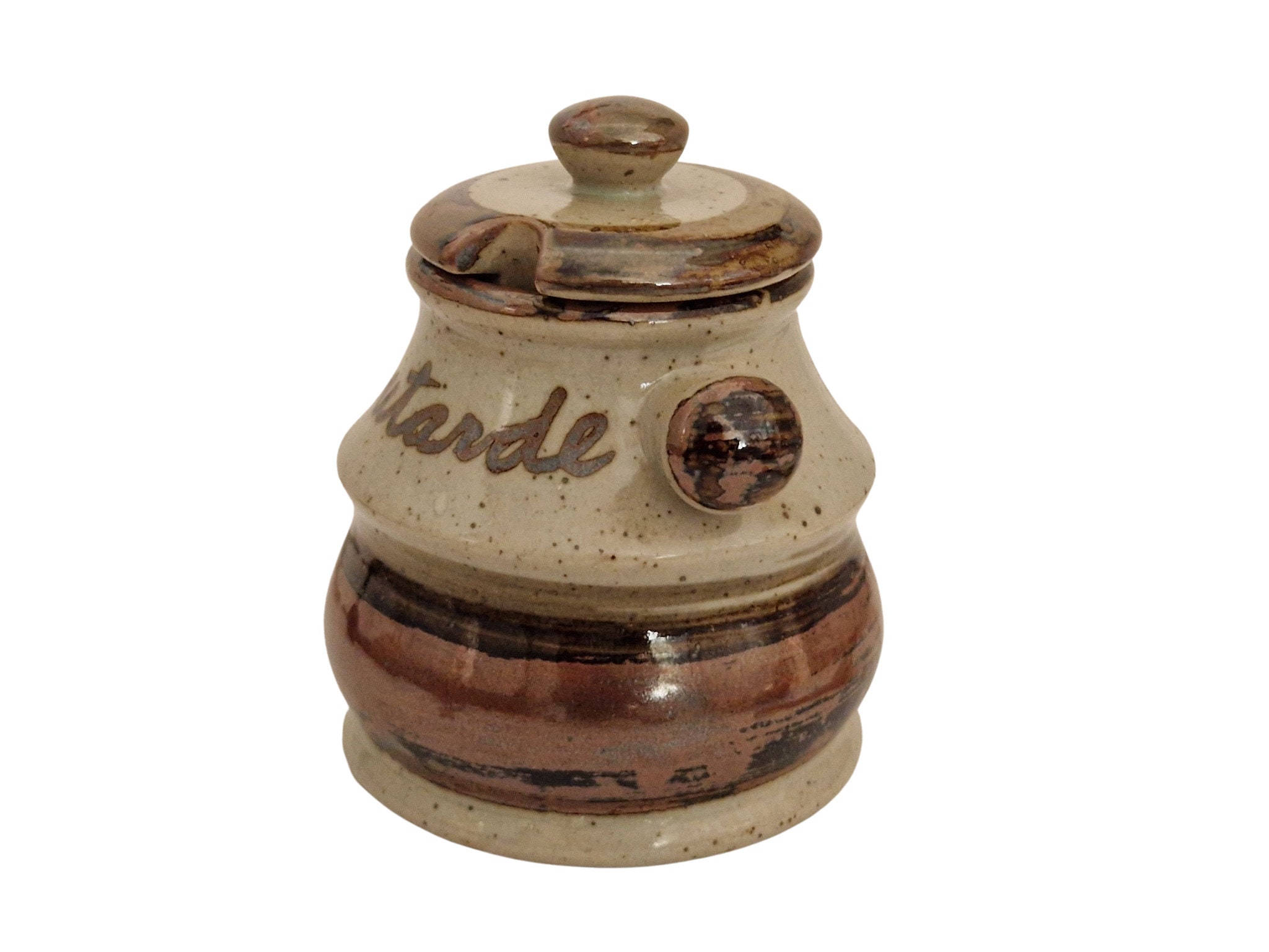 Earthenware French Mustard Pot with Spoon, Vintage Gres Paysan Pottery