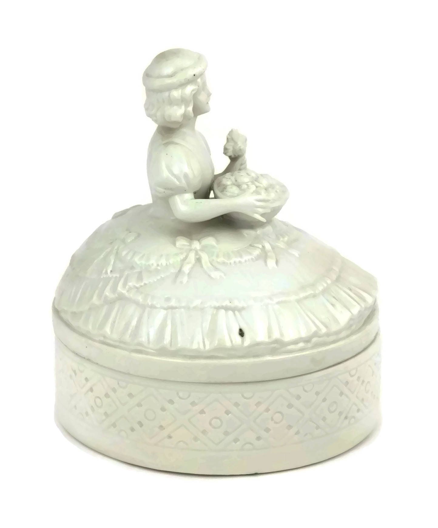 Antique Porcelain Girls Jewelry Box, Trinket Dish with Girl and Flowers