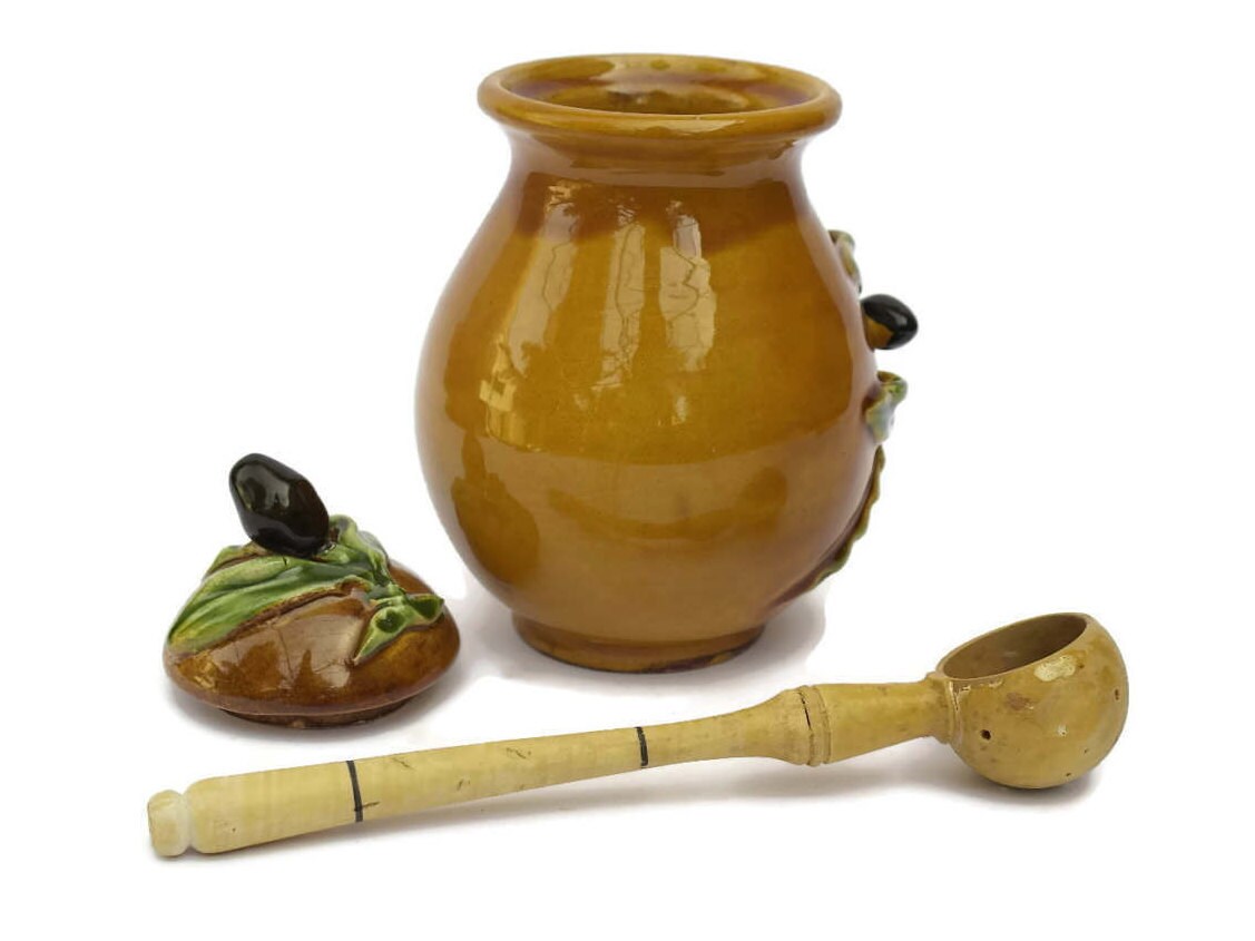 French Olive Jar with Olive Ladle. Wooden Olive Spoon with Glazed