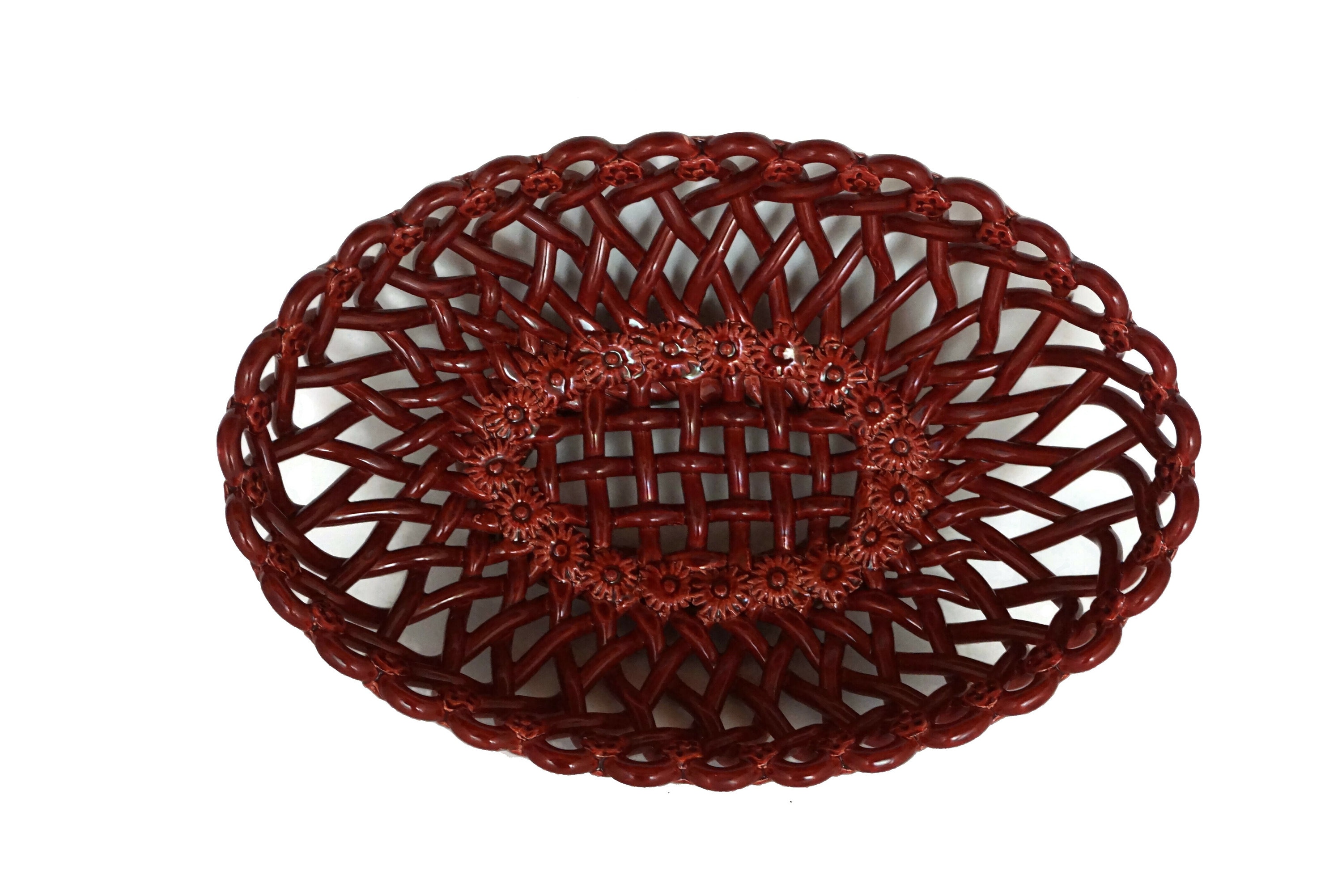 French Pottery Basket Weave Fruit Bowl by Pichon of Uzes, Ceramic Table