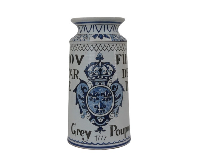 French Blue and White Faience Dijon Mustard Pot, Large Hand Painted Grey Poupon Pottery Kitchen Canister