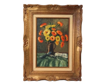 Orange Marigold Flowers in Vase Painting, Antique Framed French Floral Bouquet Still Life Art Signed M Prouteau