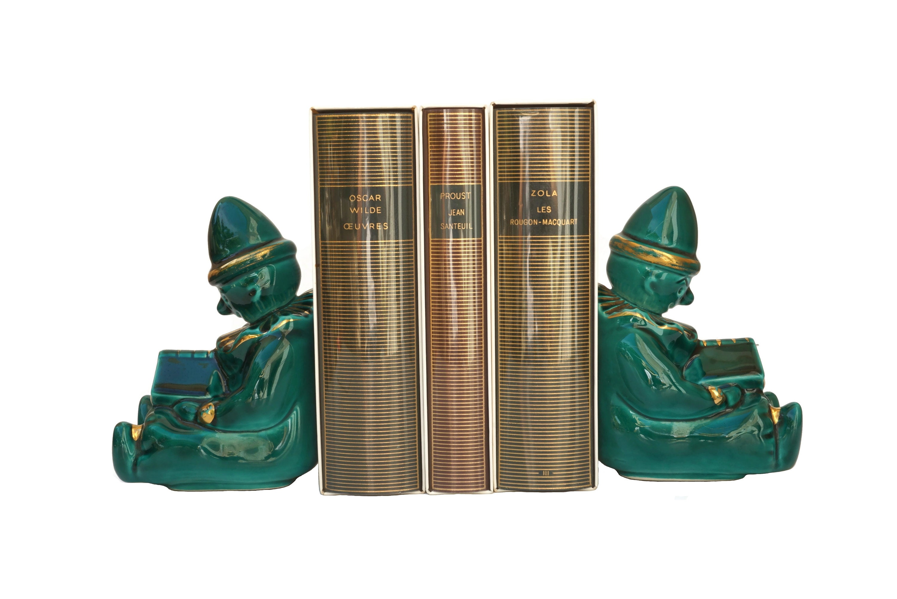 Mid Century Ceramic Clown Figurine Bookends, Français Pottery Kids Room et Bookcase Decor