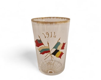 Antique WWI Drinking Glass with Hand Painted Flags, Military Collectible World War 1 French Souvenir