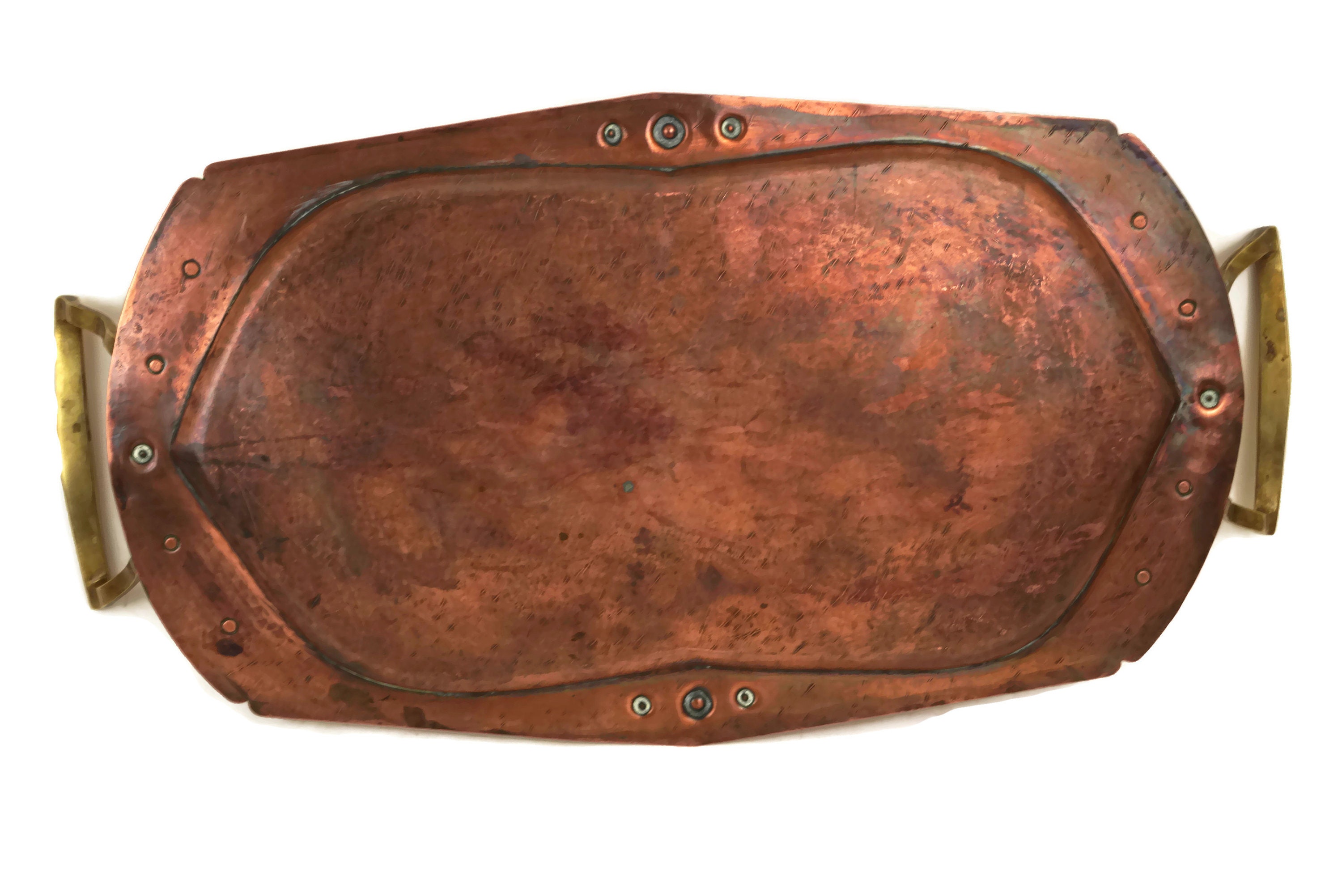Arts and Crafts Copper Tray with Brass Handles, Hammered Metal Serving