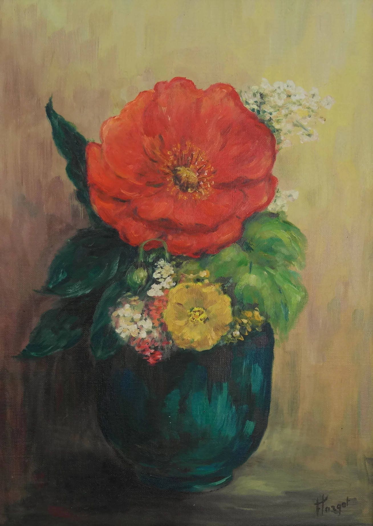 Still Life Painting of Flowers in a Teal Vase, Vintage French Oil