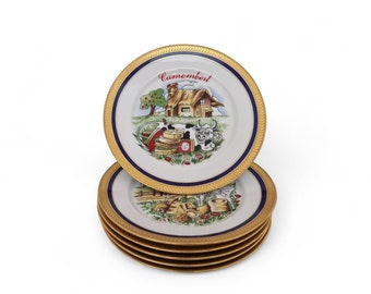 French Limoges Porcelain Cheese Plates, Set of 6, with Cow & Goat Illustrations and Gold Rims