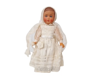1930s French Antique Girl Doll with First Holy Communion Dress, Collectible Christian Toy