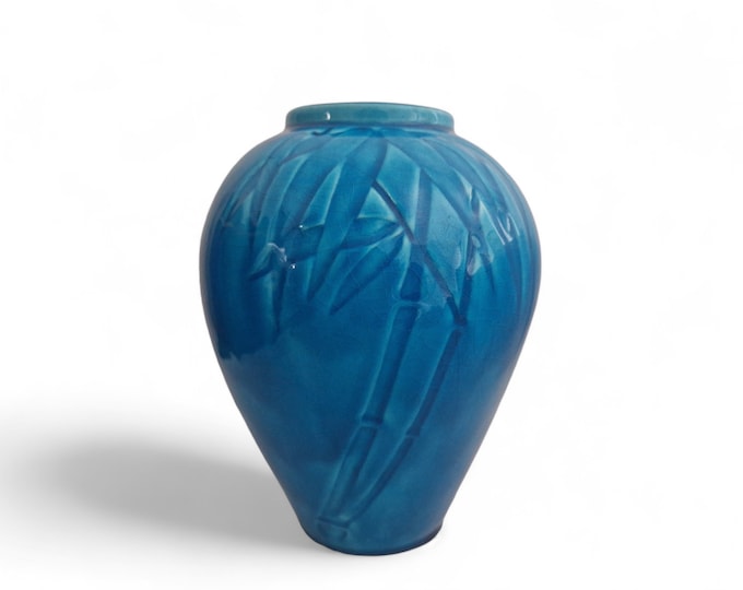 Mid Century Asian Turquoise Blue Ceramic Vase with Bamboo Leaf Decor