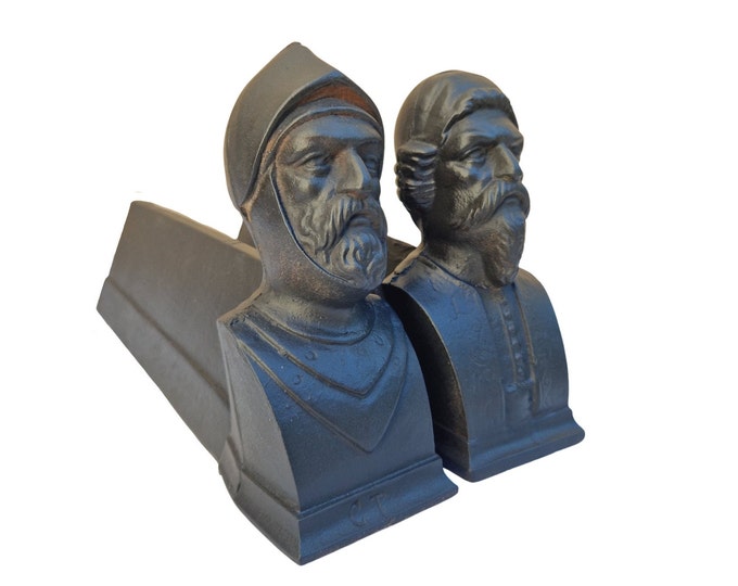 Fireplace Andirons with Don Quixote & Sancho Panza Busts, Antique French Cast Iron Firedogs