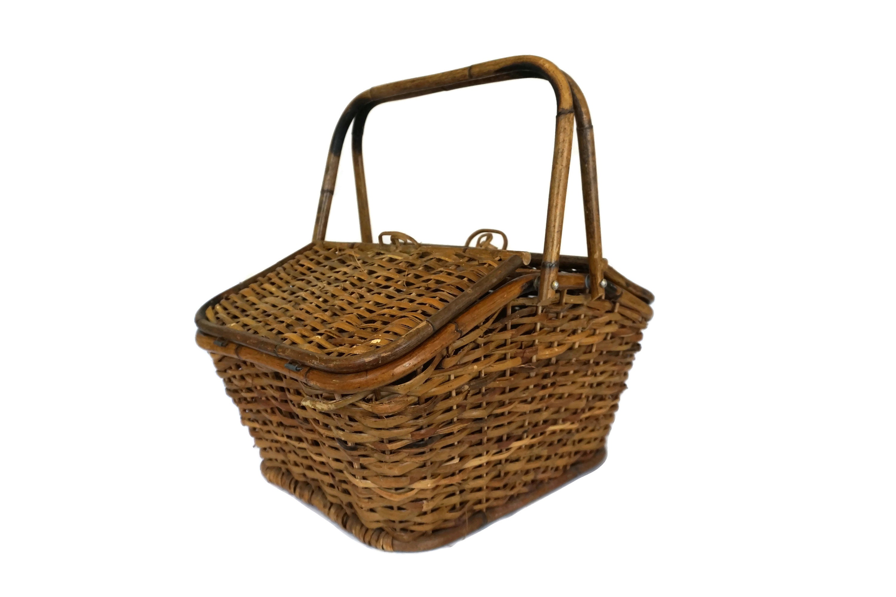 Rattan and Bamboo Picnic Basket with Wine Bottle Carrier