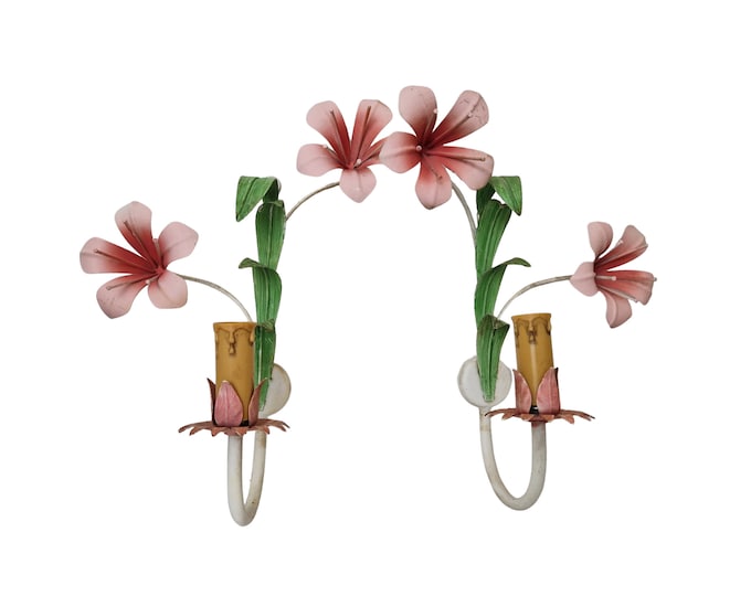 Pink Tole Lily Wall Sconce Light Fixtures, Pair of Vintage Toleware Flower Candelabra