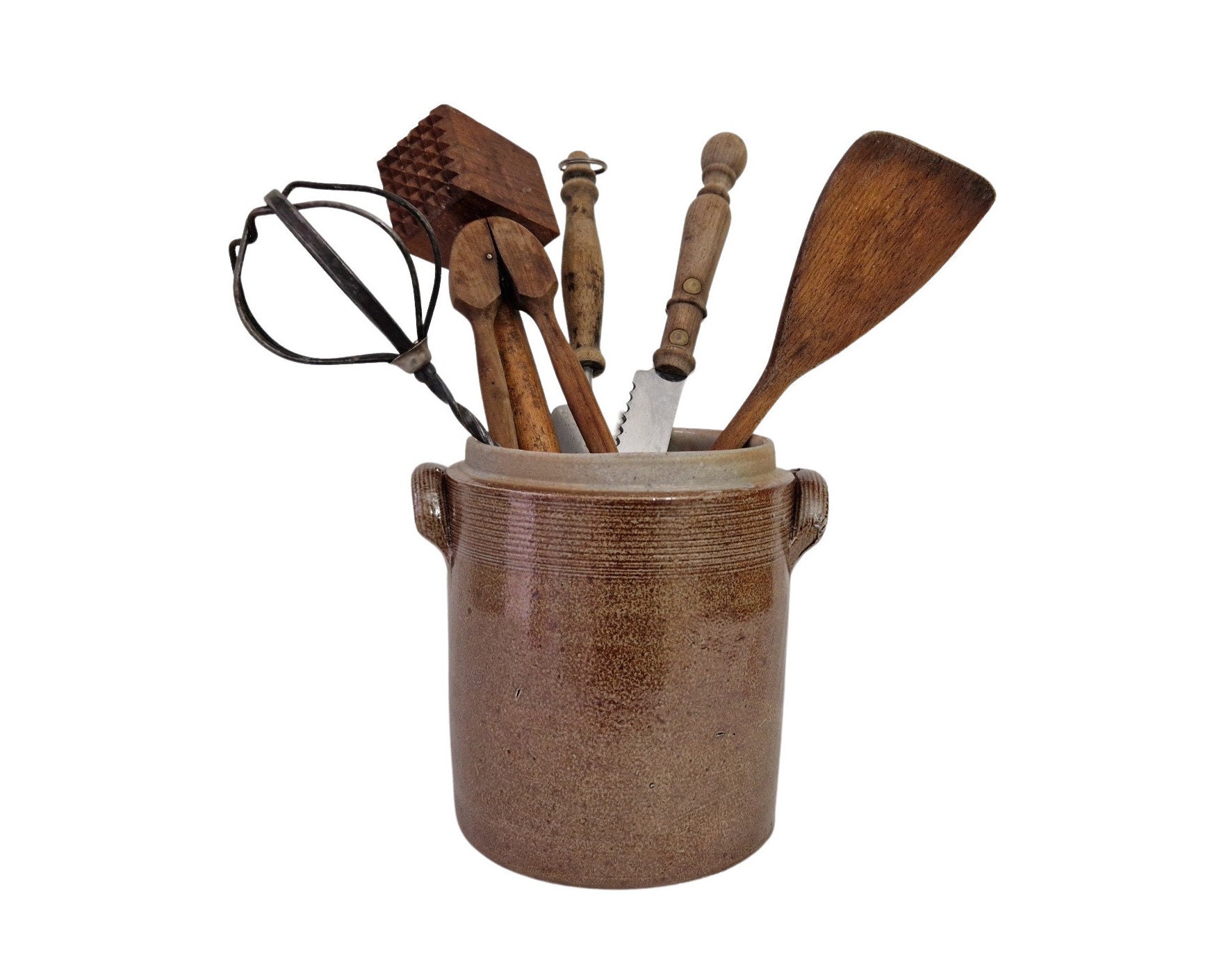 Rustic Stoneware Utensil Holder, Vintage French Confit Pot Crock