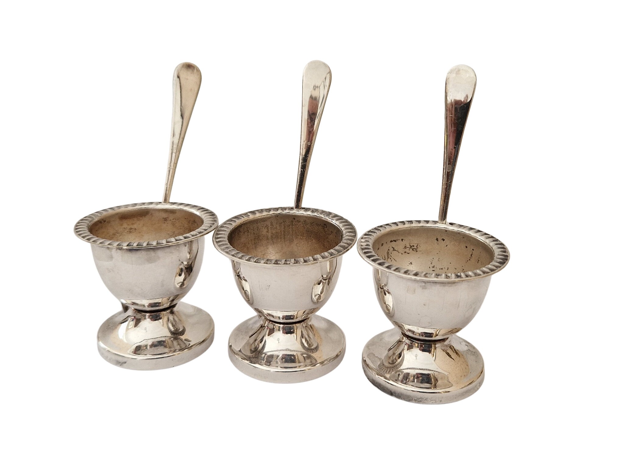 Vintage Silver Plate Egg Cruet, Set of 3 Egg Cups and Spoons with Caddy