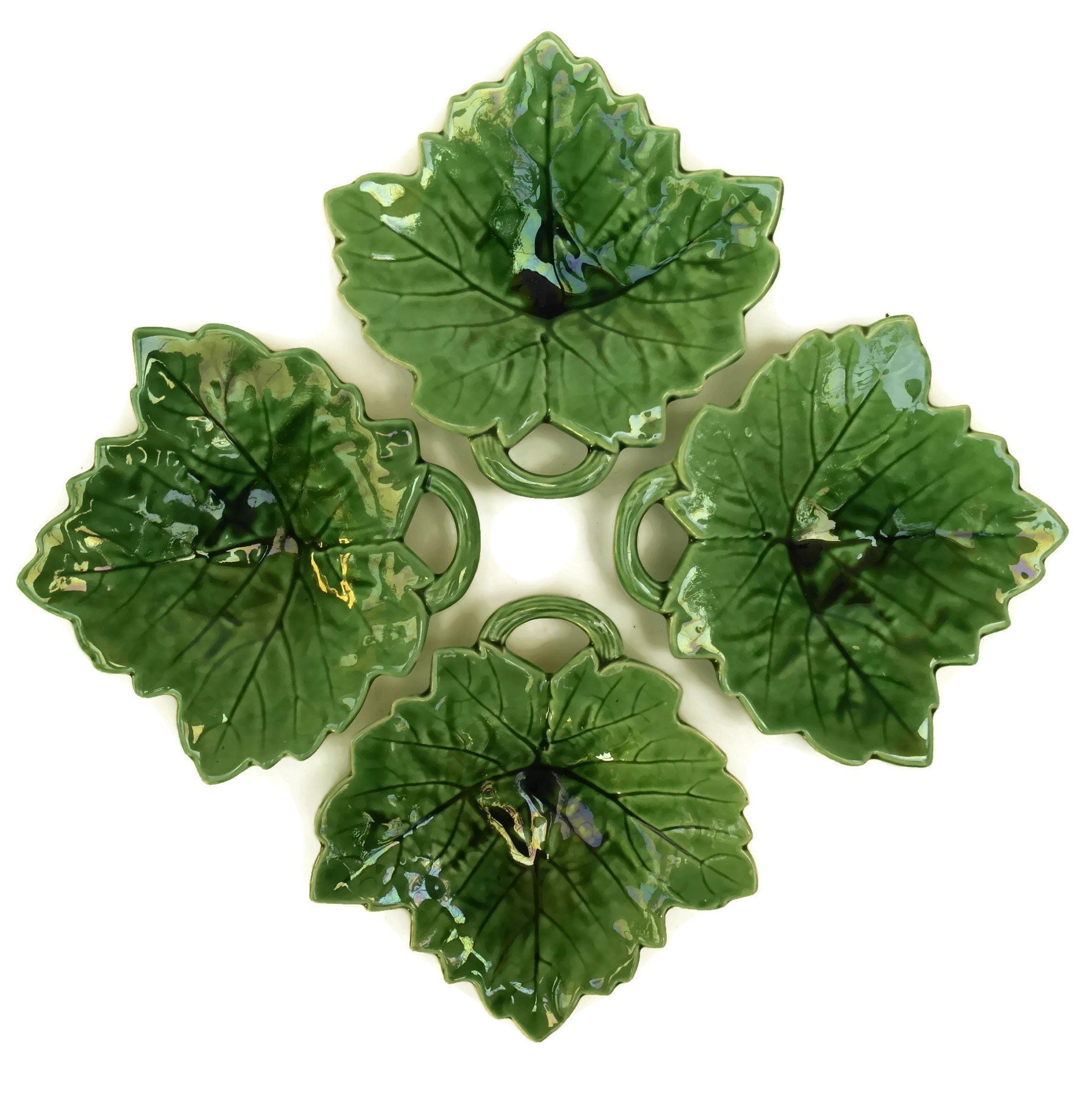 Green Majolica Leaf Plates Set of 4. French Antique Sarreguemines
