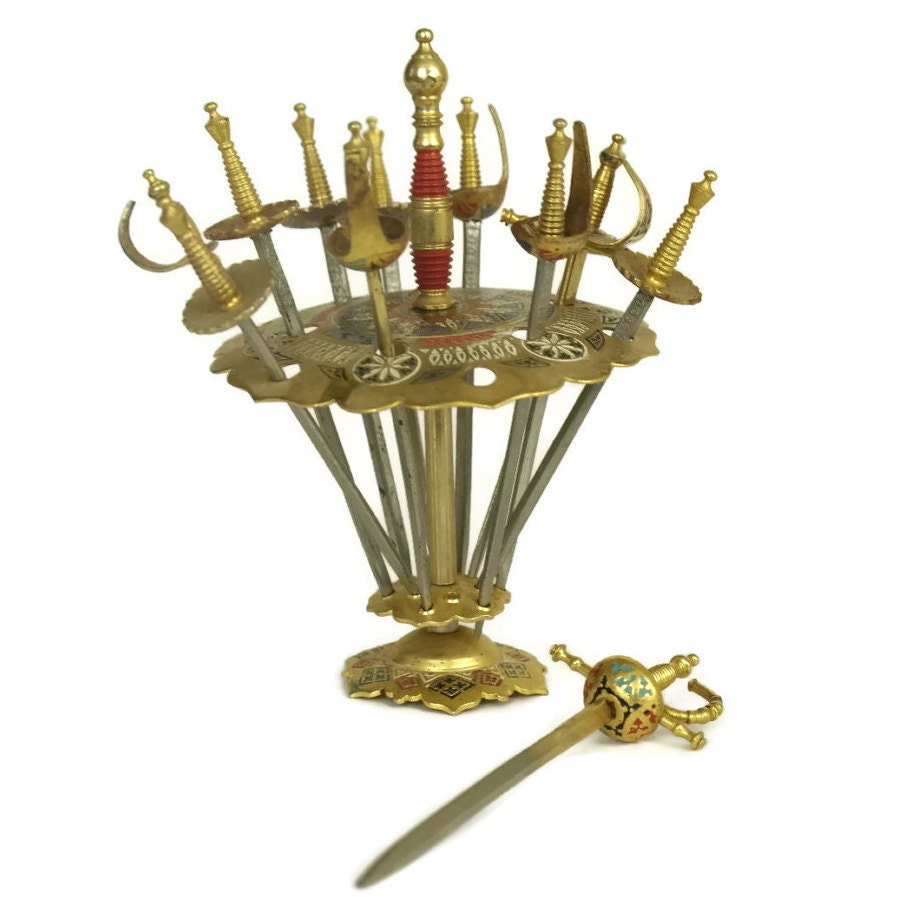 RESERVED for M. Vintage Brass Sword Cocktail Picks. Vintage Cocktail Forks.