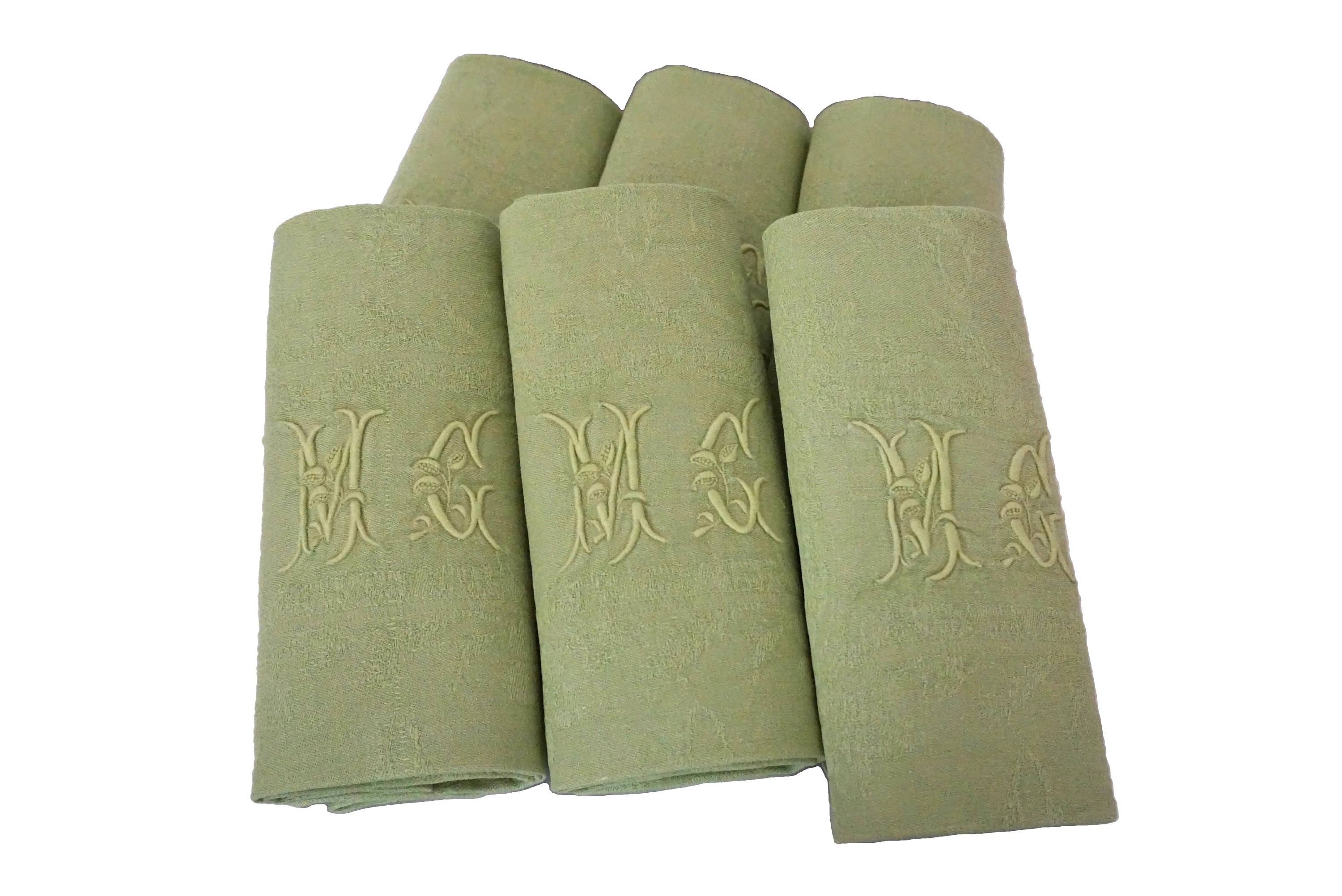 Antique Linen Napkins, Set of 6, Green Serviettes with Embroidered Initials M C