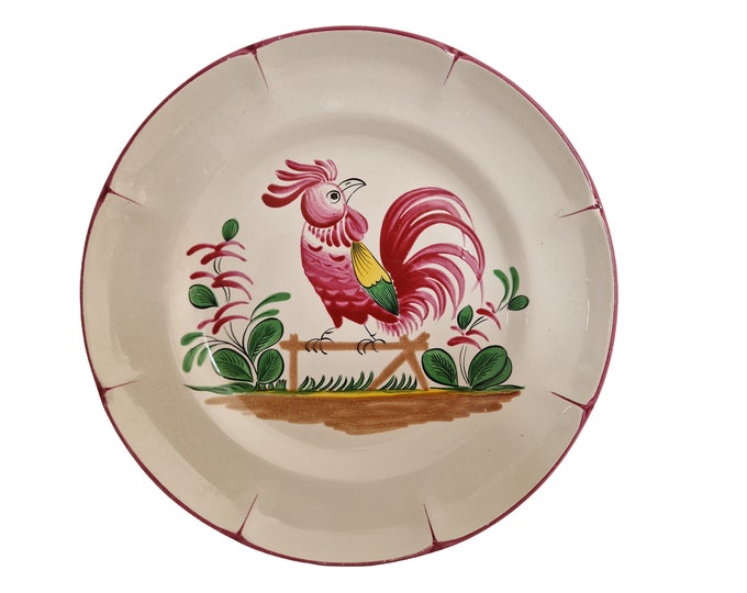 French Rooster Ceramic Wall Plate by Saint Clement, Hand Decorated Chicken Pottery, Rustic Farm Kitchen Decor