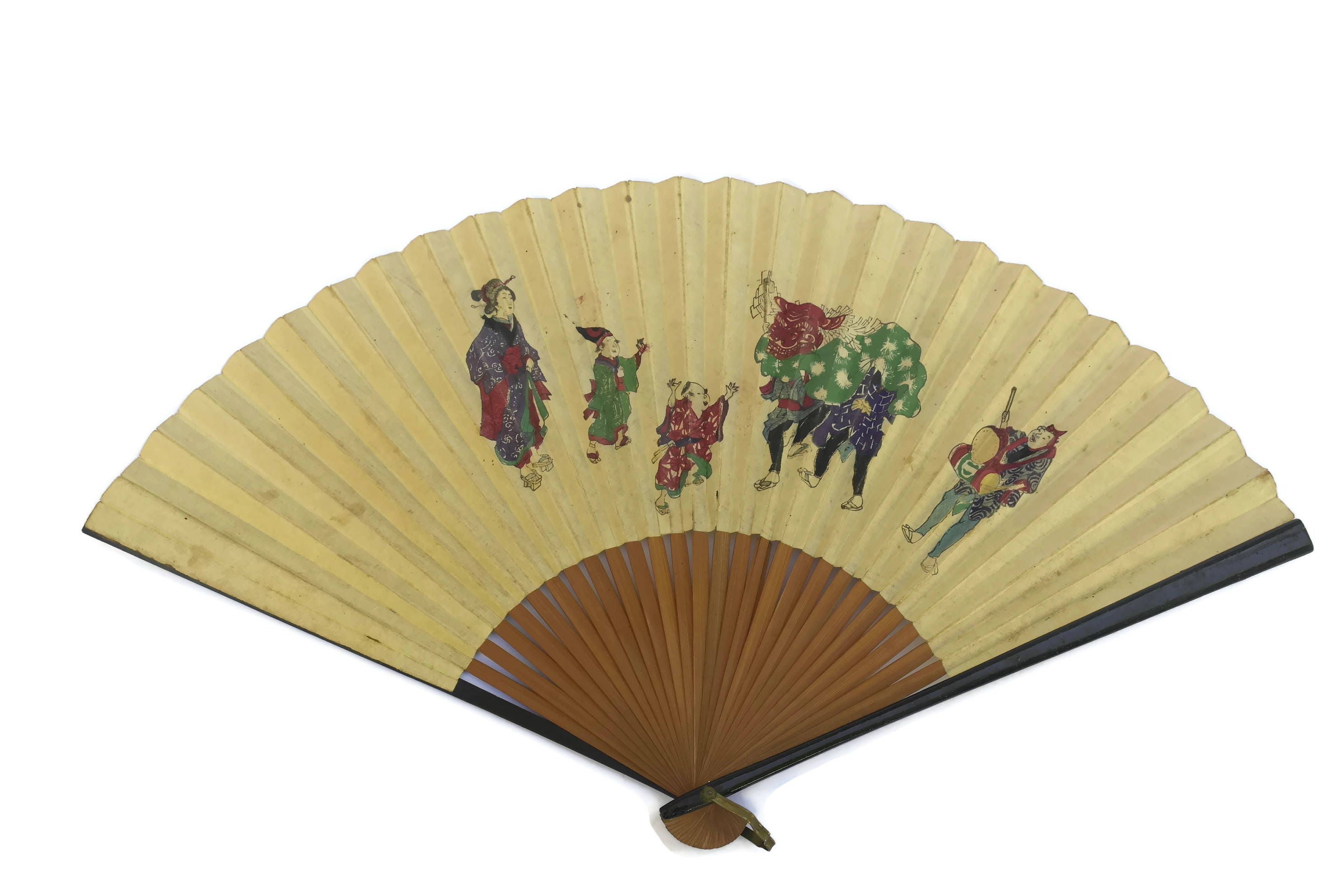 Antique Japanese Folding Hand Fan. Double Sided Paper and Bamboo Fan