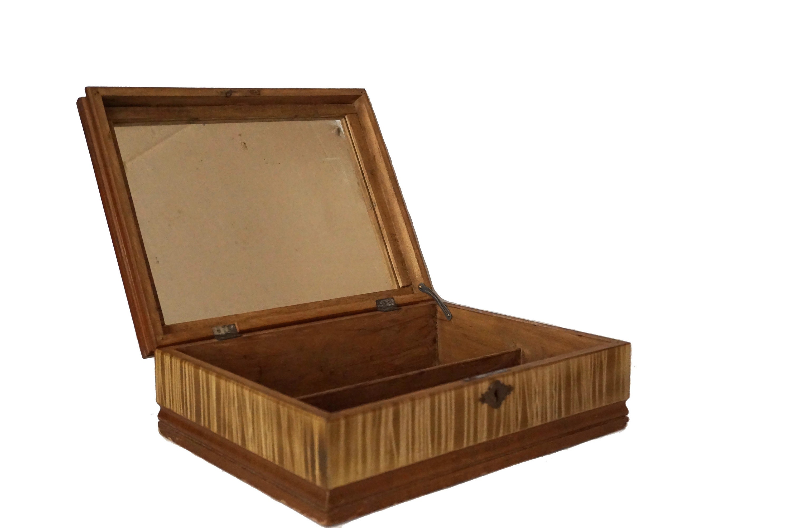 Art Deco Wooden Jewelry Box with Mirror and Roses, Antique Venice Souvenir