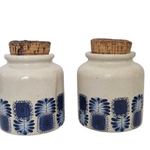 1970s Pottery Kitchen Crock Jar Set with Scandinavian Style Blue Leaf by LML in Palma Pattern, French Mustard & Pickle Stoneware Canisters image 3