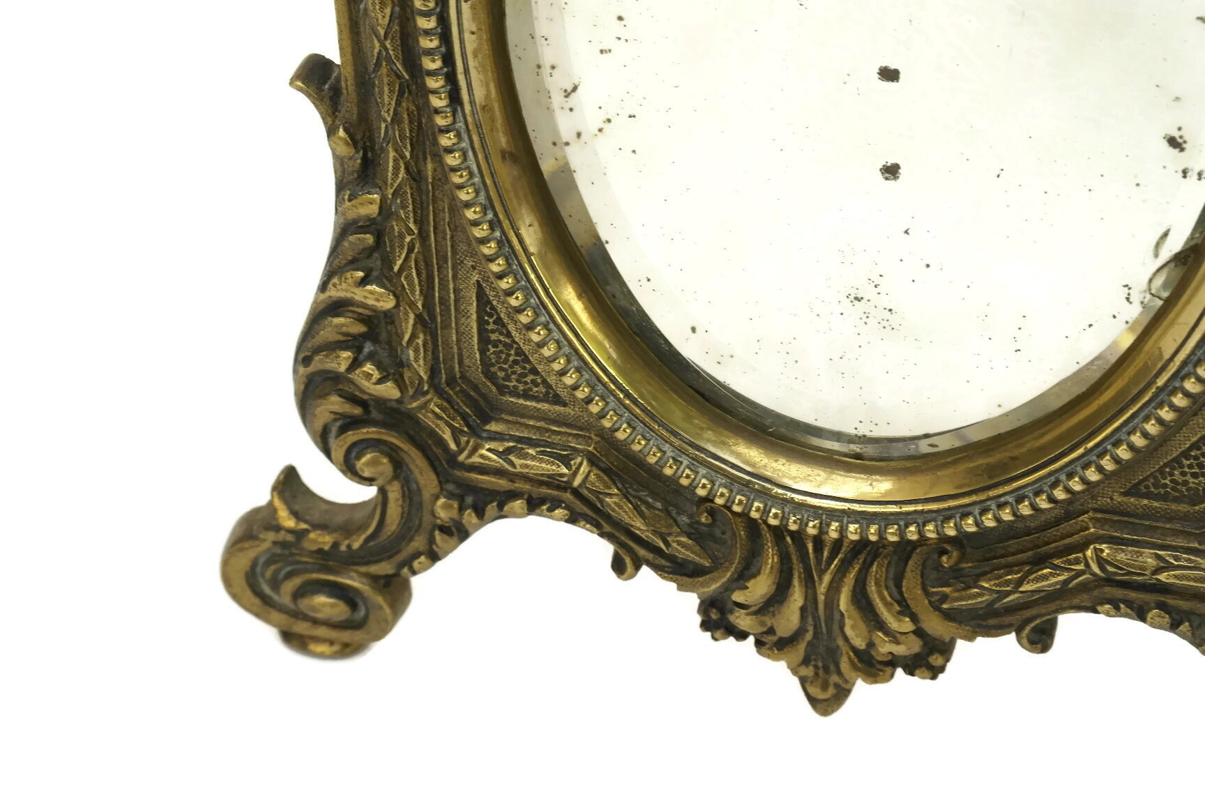 Bronze Standing Mirror with Beveled Glass, Antique French Vanity Makeup
