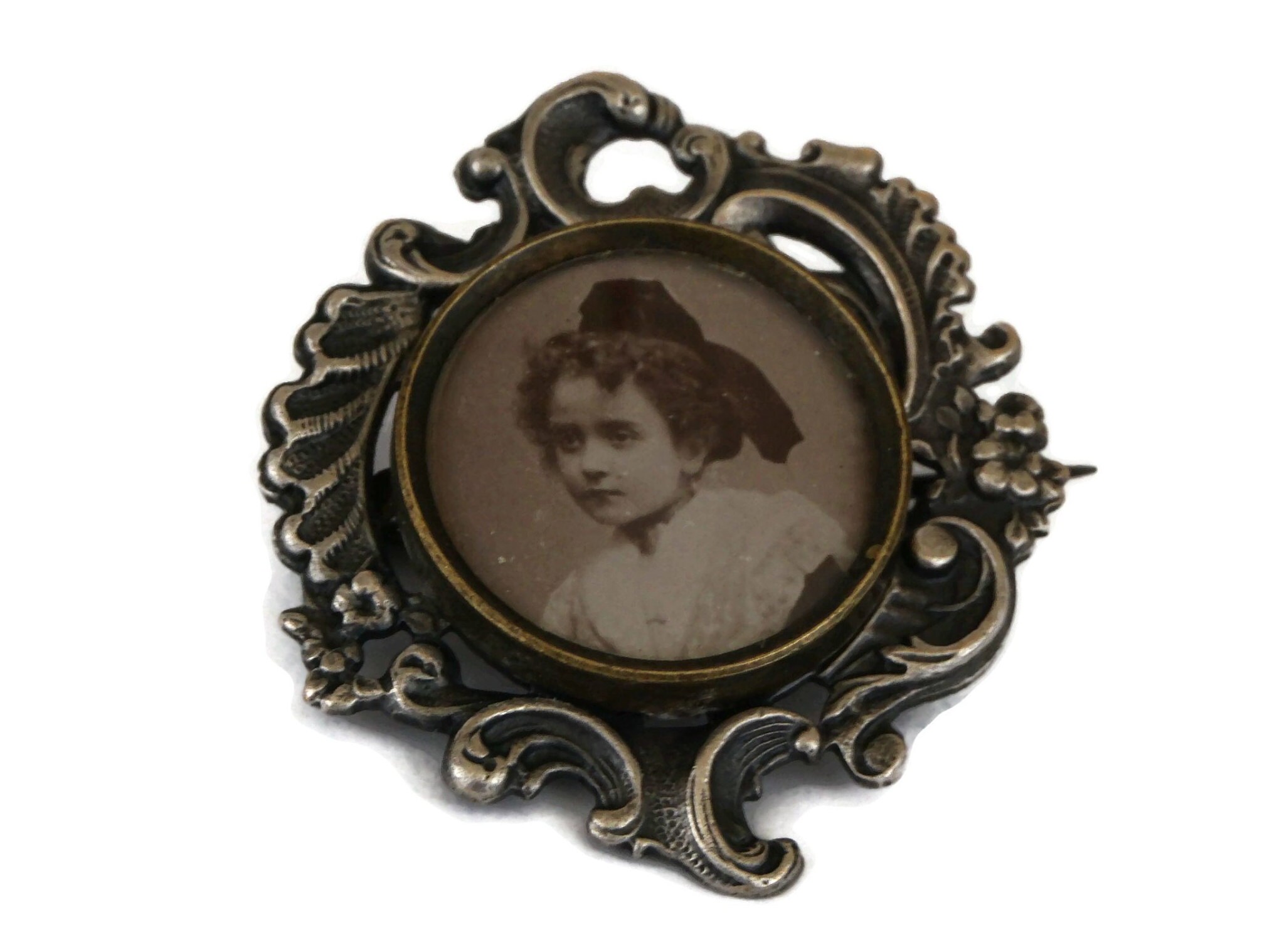 Antique Silver Photo Frame Brooch with French Girl Portrait, Victorian