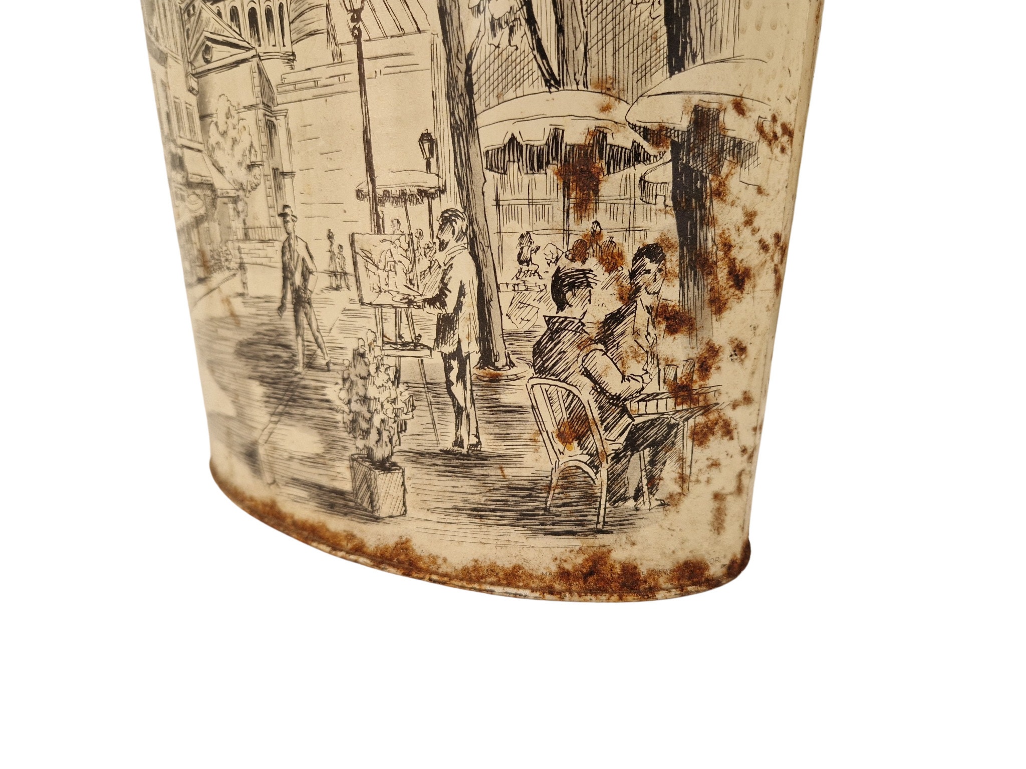 Vintage Shabby French Tole Waste Basket with Montmartre Paris Landscape