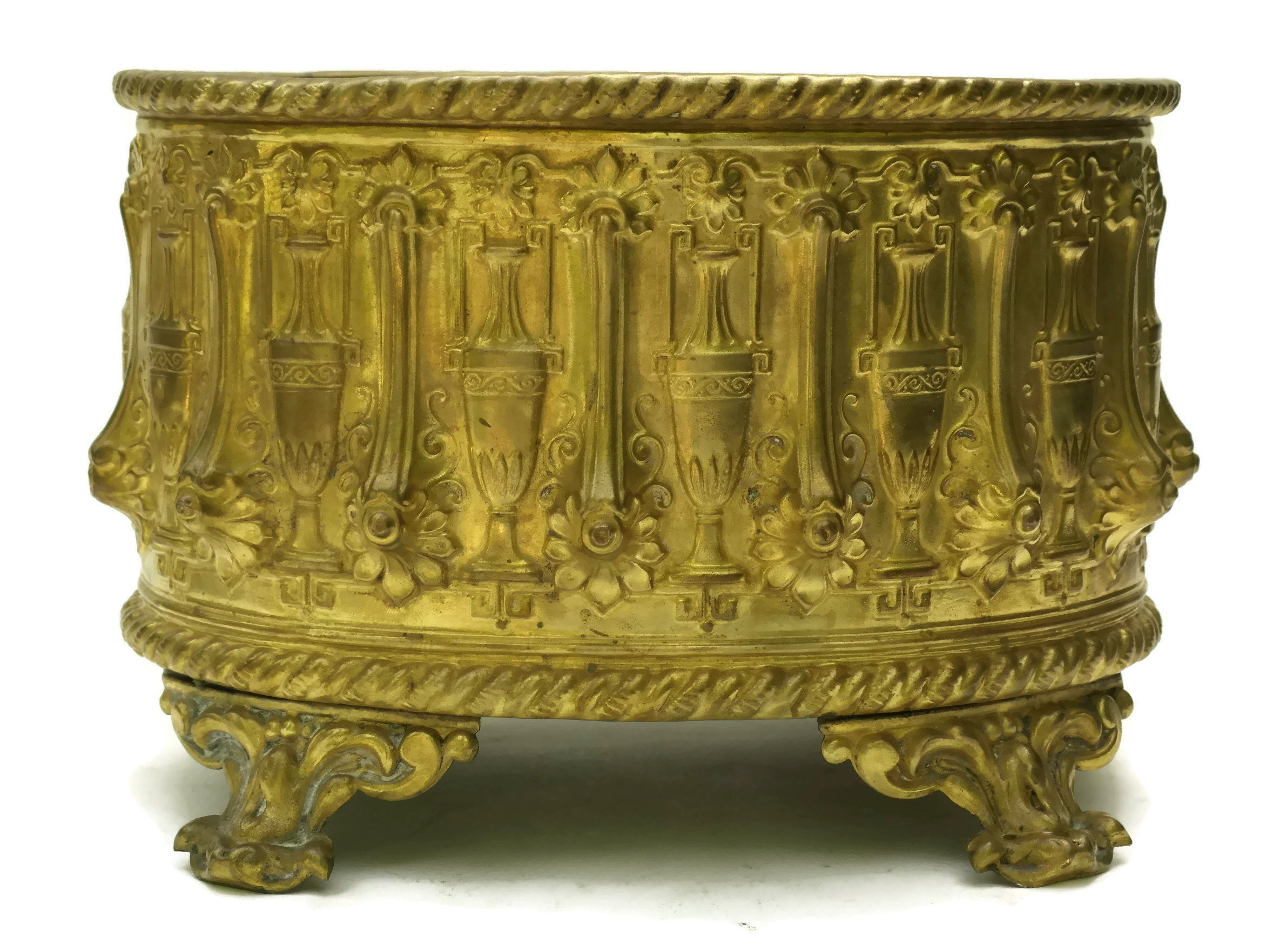 Antique Brass Planter. French Jardiniere with Repoussé Decoration