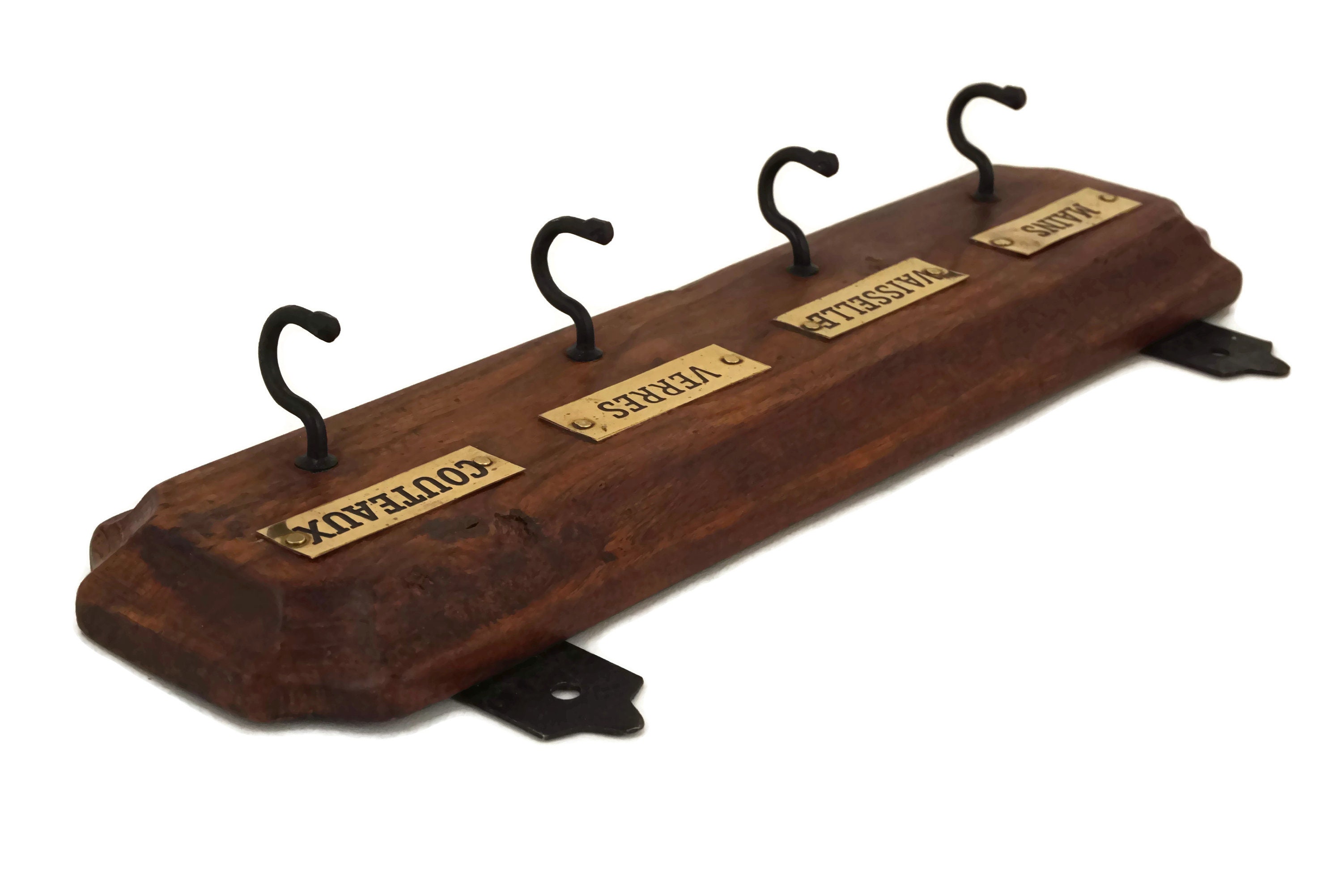 Vintage French Dish Towel Holder, Wood and Brass Kitchen Rack, Country