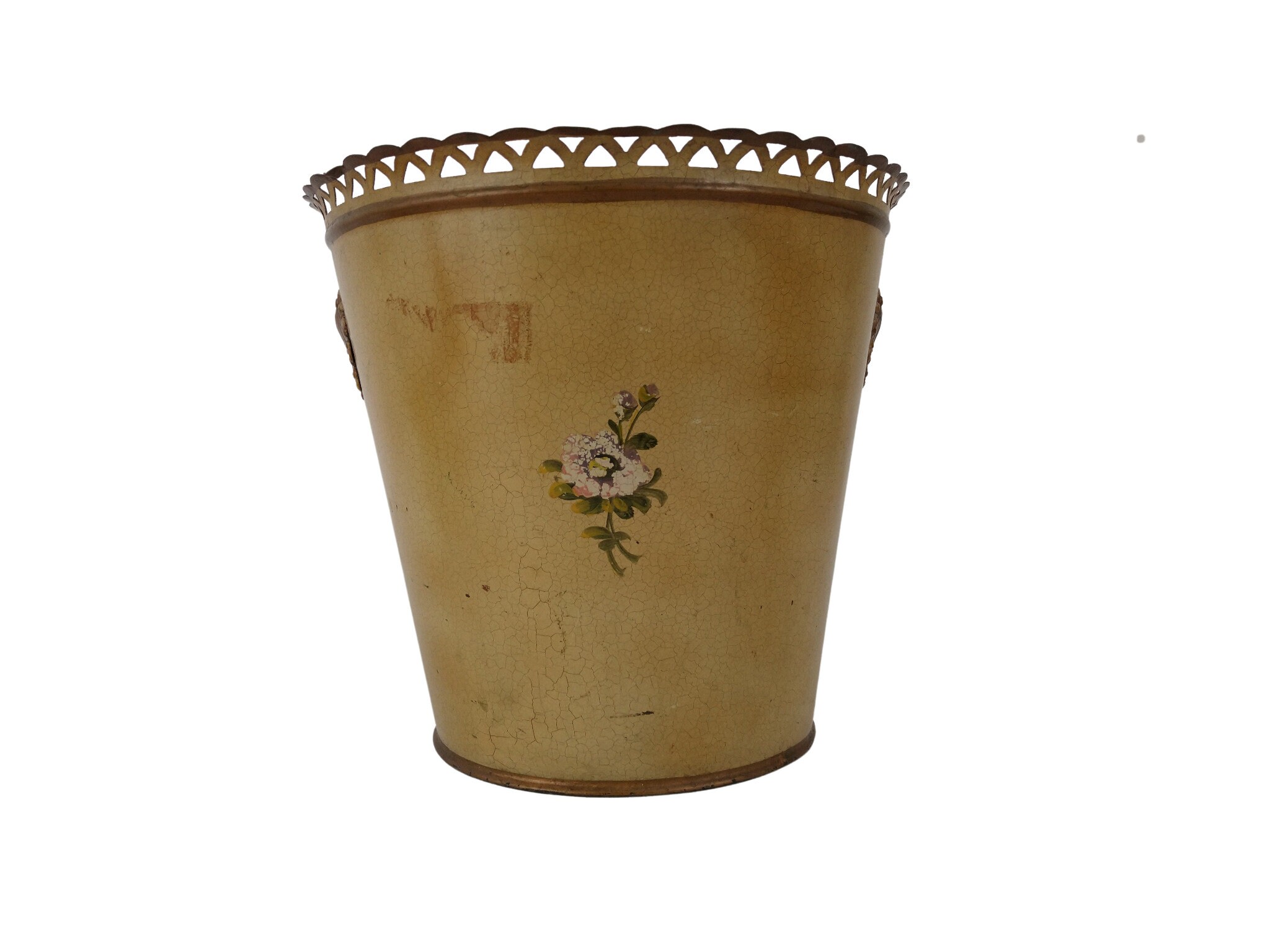 Antique French Tole Waste Basket, Hand Painted Flower Wastepaper Trash