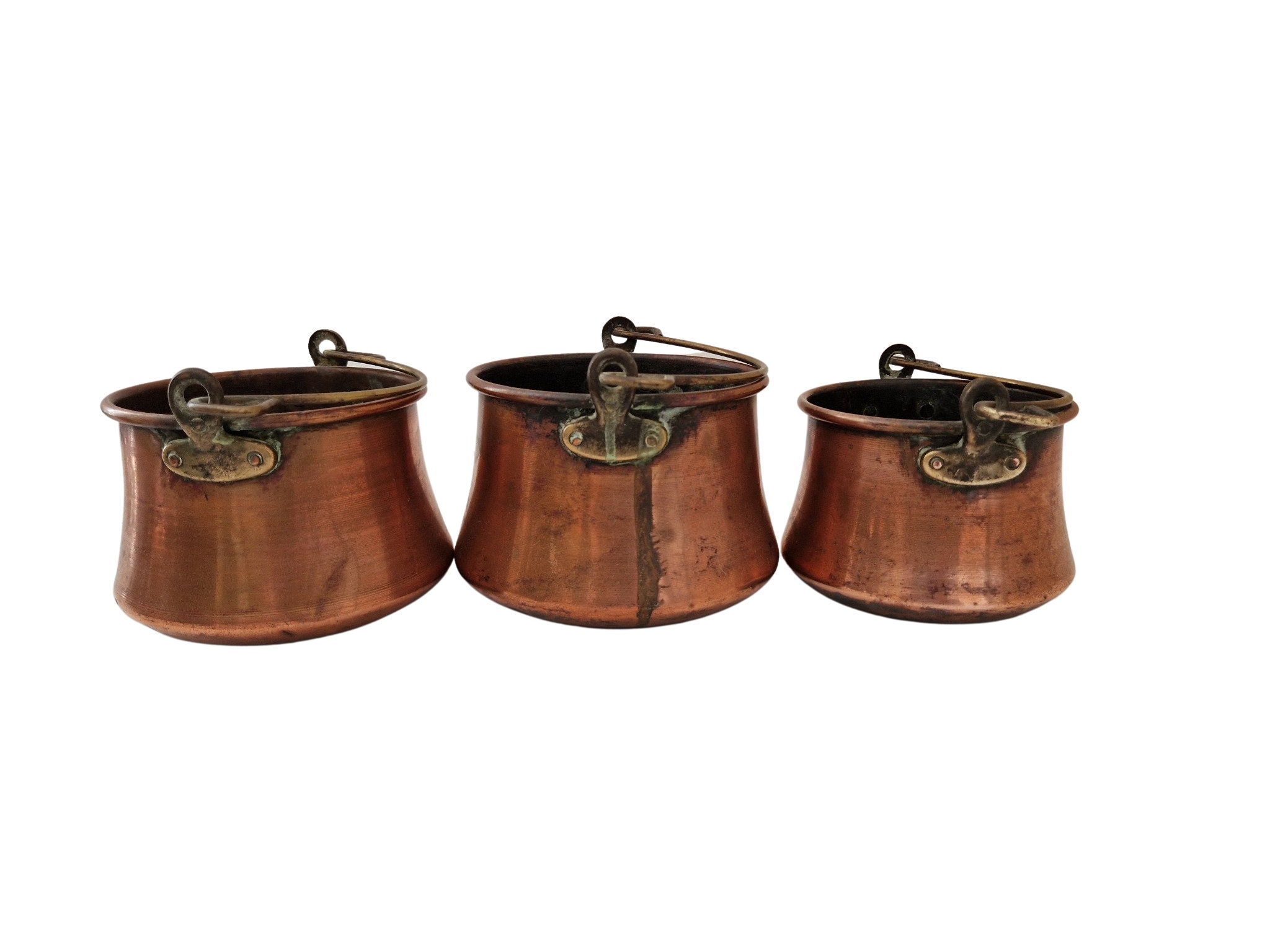 Mid Century French Copper Cauldrons, Set of 3, Rustic Country Kitchen