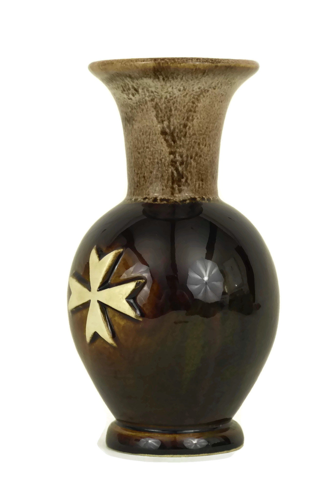 Small Brown Pottery Vase with Maltese Cross by Peter The Potter