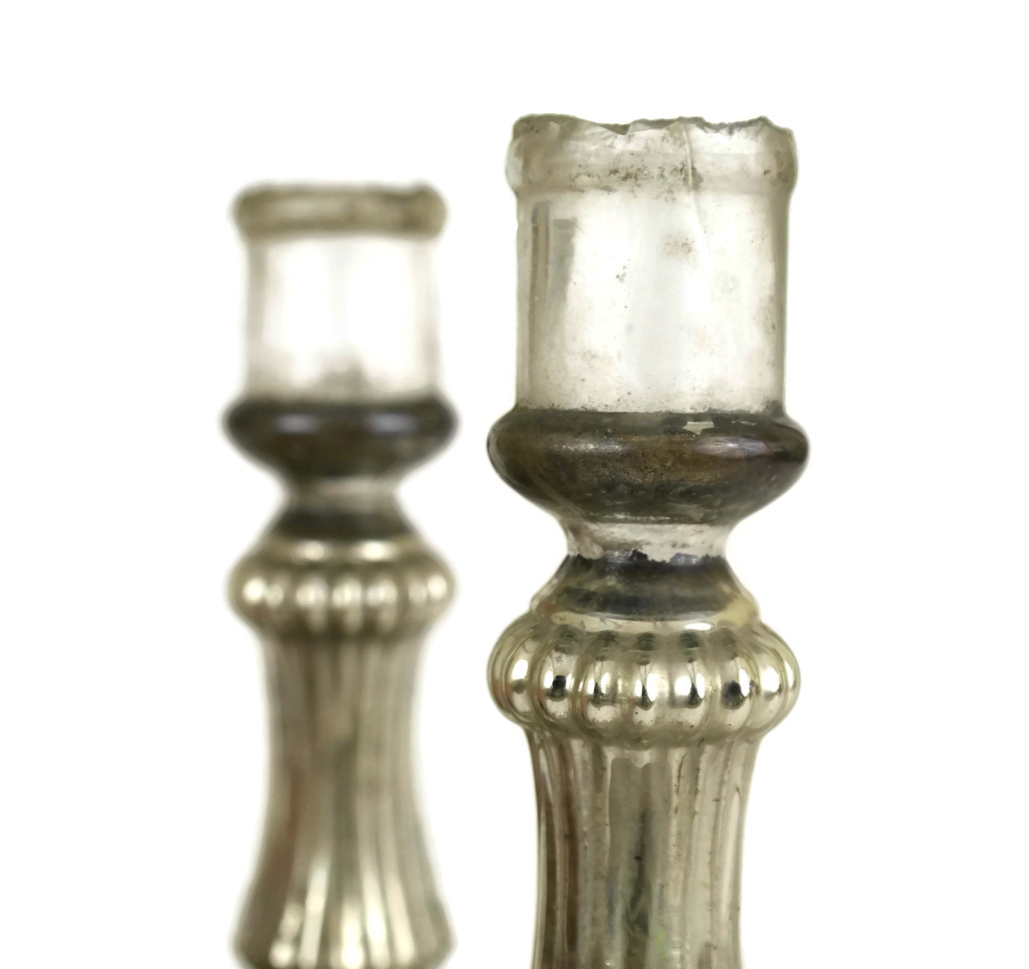 Antique French Mercury Glass Candle holders. Pair of 19th Century Silver Glass Candlesticks.