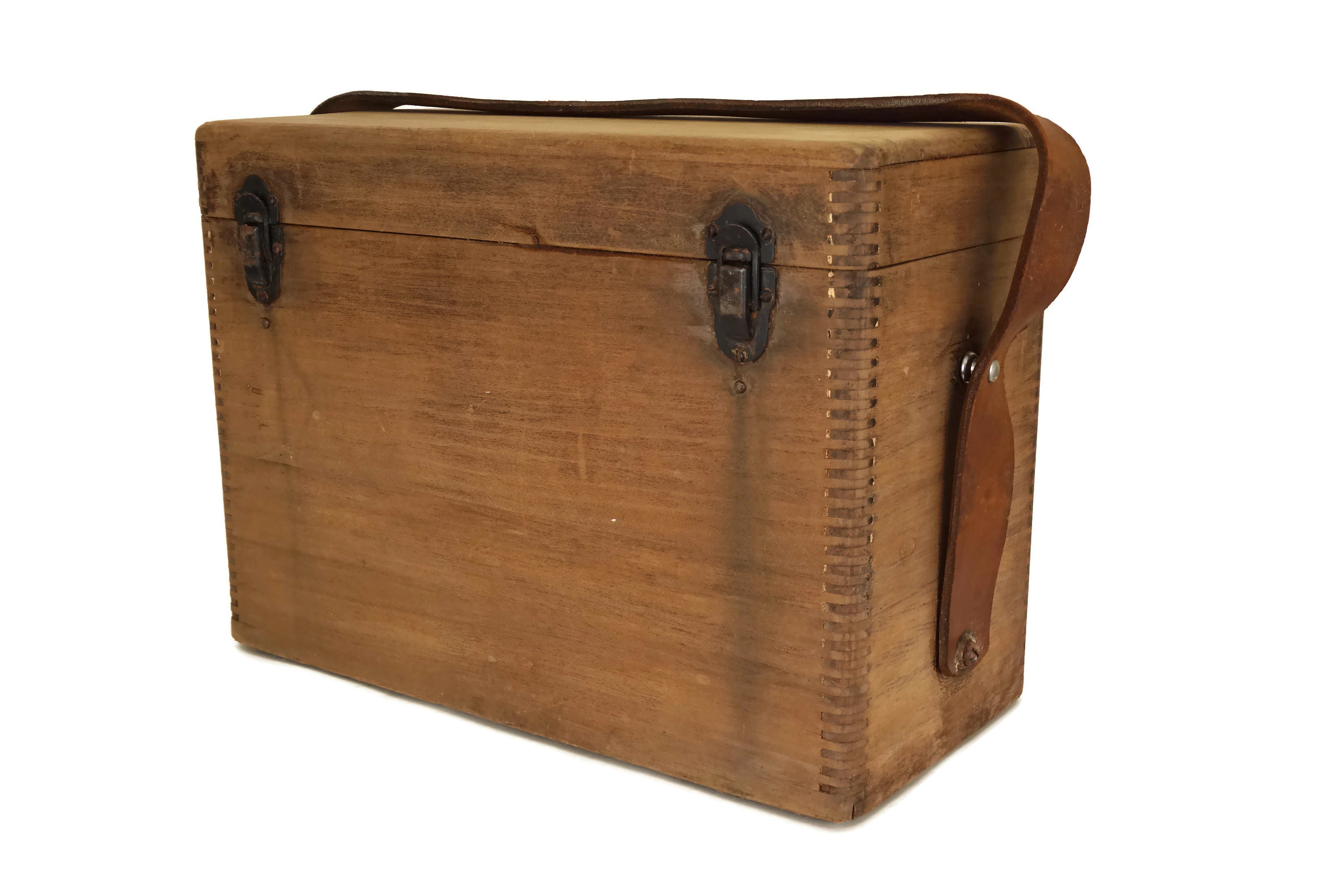 Wooden Tool Box with Leather Strap and Lid