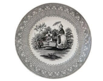 Antique French Black Transferware Porcelain Plate with Victorian Mother and Daughter by Creil & Montereau