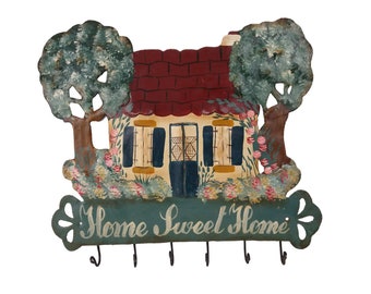 Vintage Sweet Home Wall Sign with Key Hooks, Hand Painted Country Cottage Decor, Kitchen Tea Towel Rack
