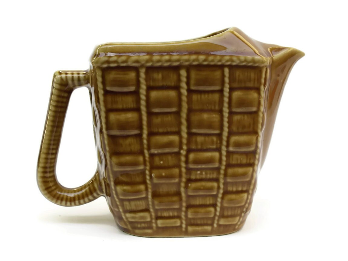 Vintage Ceramic Basket Weave Pitcher, Rustic French Wine Jug, Glazed
