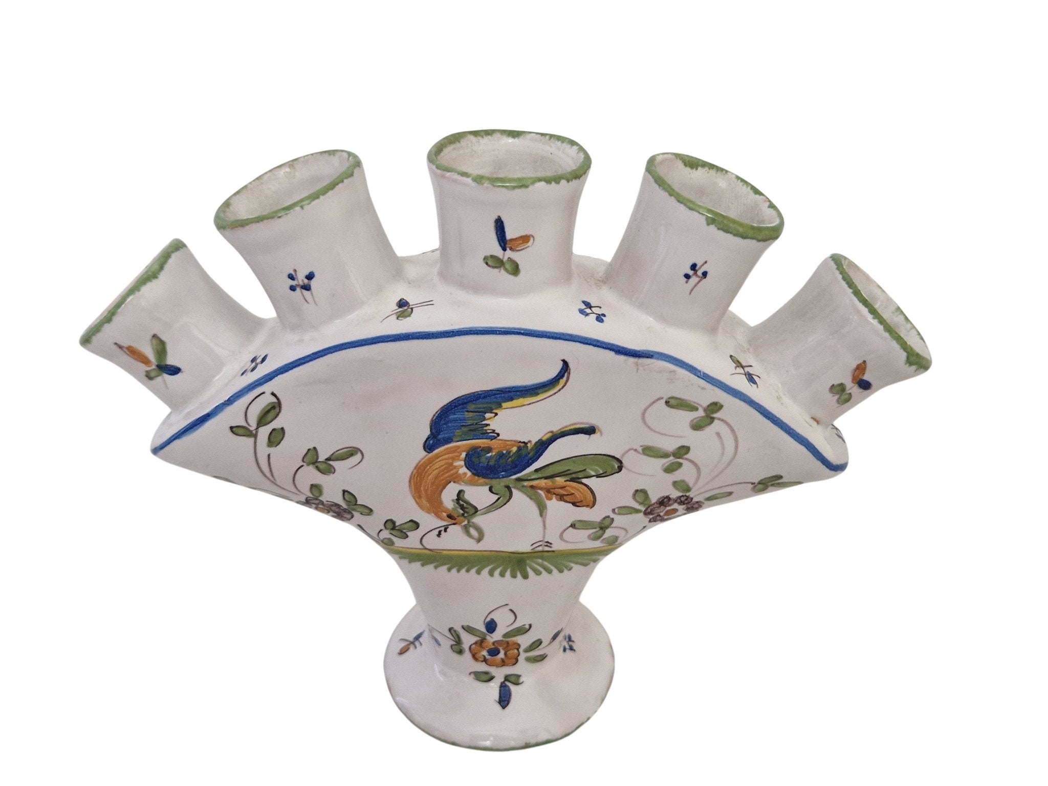 French Moustiers Ceramic Tulip Vase, Hand Painted Pottery Flower Holder