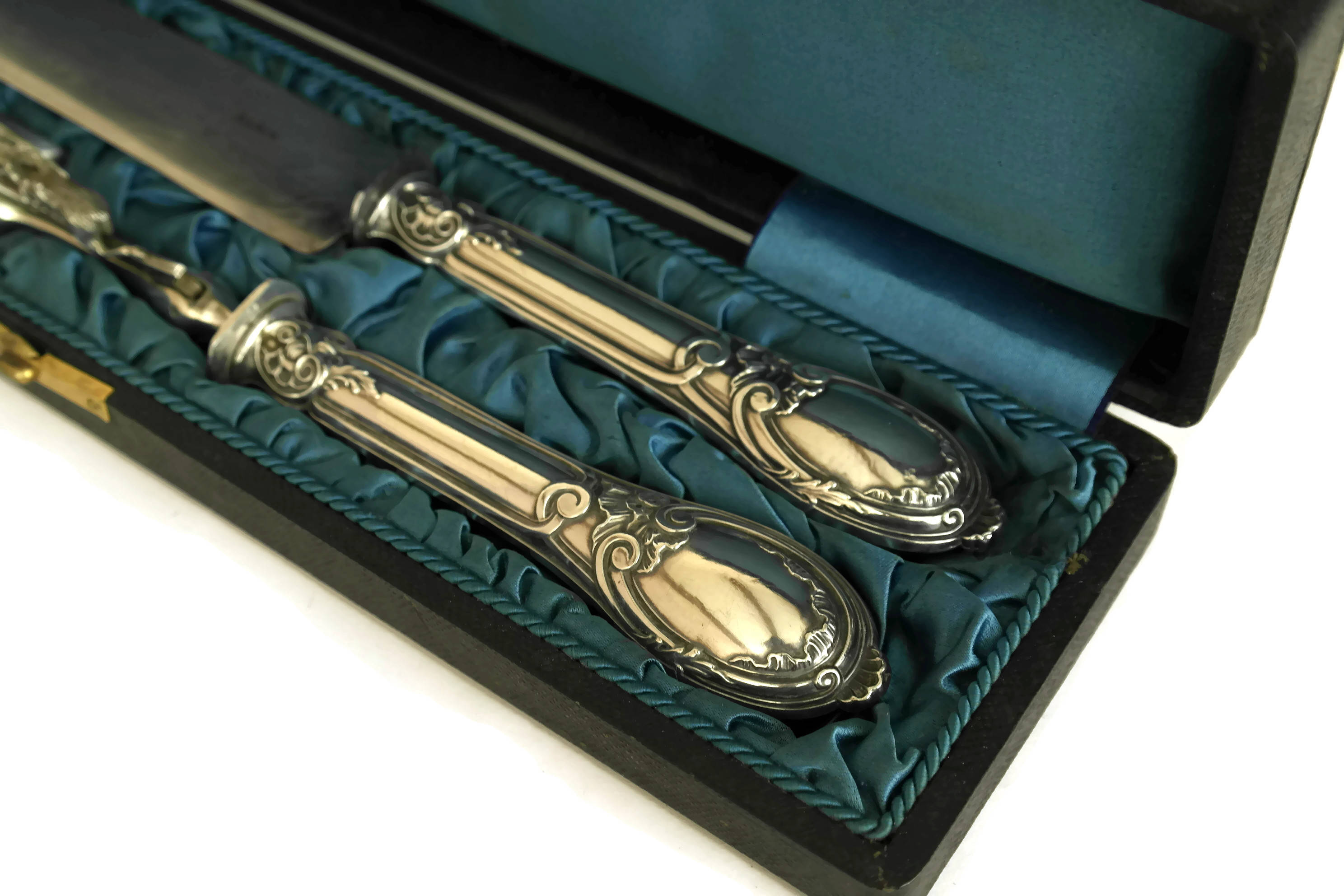 Antique Silver Carving Set with Knife & Fork. Boxed Silverware with