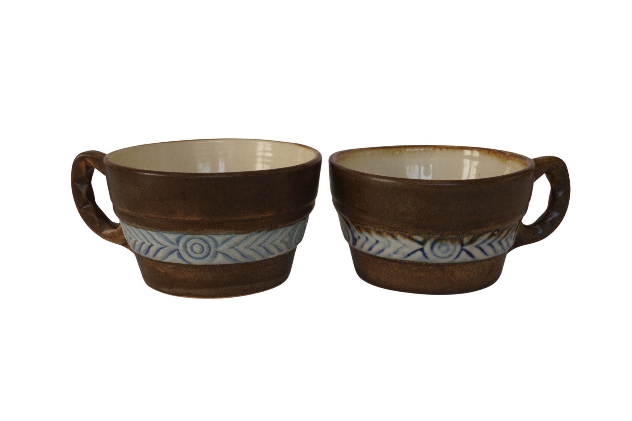 Antique HB Quimper Pottery Cups Pair in Odetta Pattern, French Pottery Beer and Cider Mugs