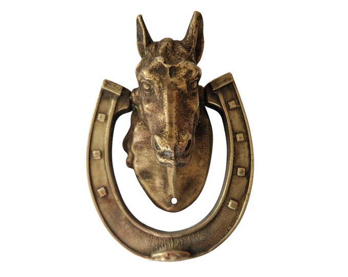 Brass Horse Head and Horseshoe Door Knocker, Equestrian Front Door Decor