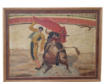 Mid Century Bullfight Oil Painting by Vittorio Mariotti, Matador & Bull Wall Art, Original Signed Bullfighting Artwork