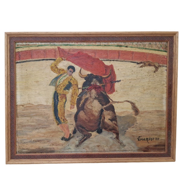 Peinture à l’huile de corrida du milieu du siècle par Vittorio Mariotti, Matador & Bull Wall Art, œuvre d’art originale signée de corrida