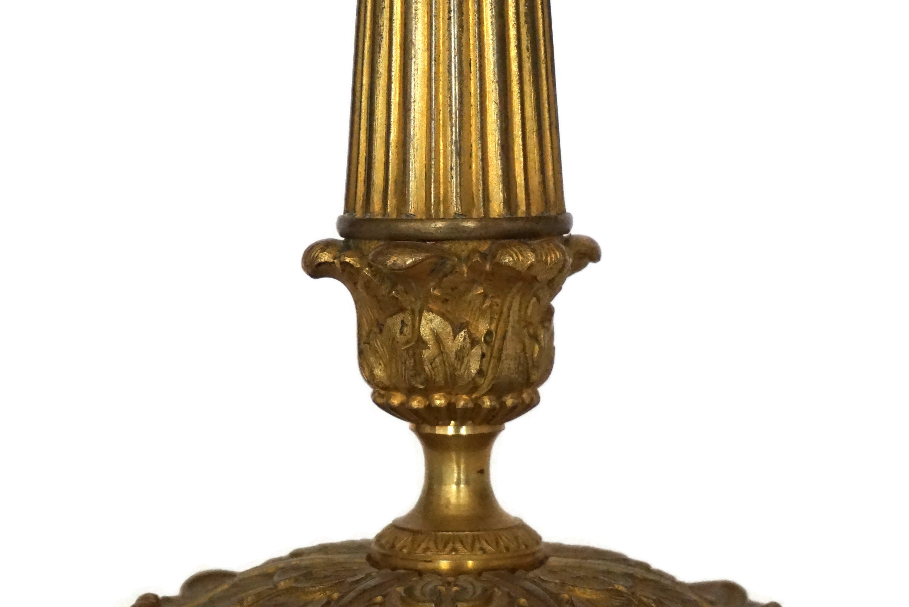Antique French Bronze Column Candle Holder with Palm and Acanthus Leaf