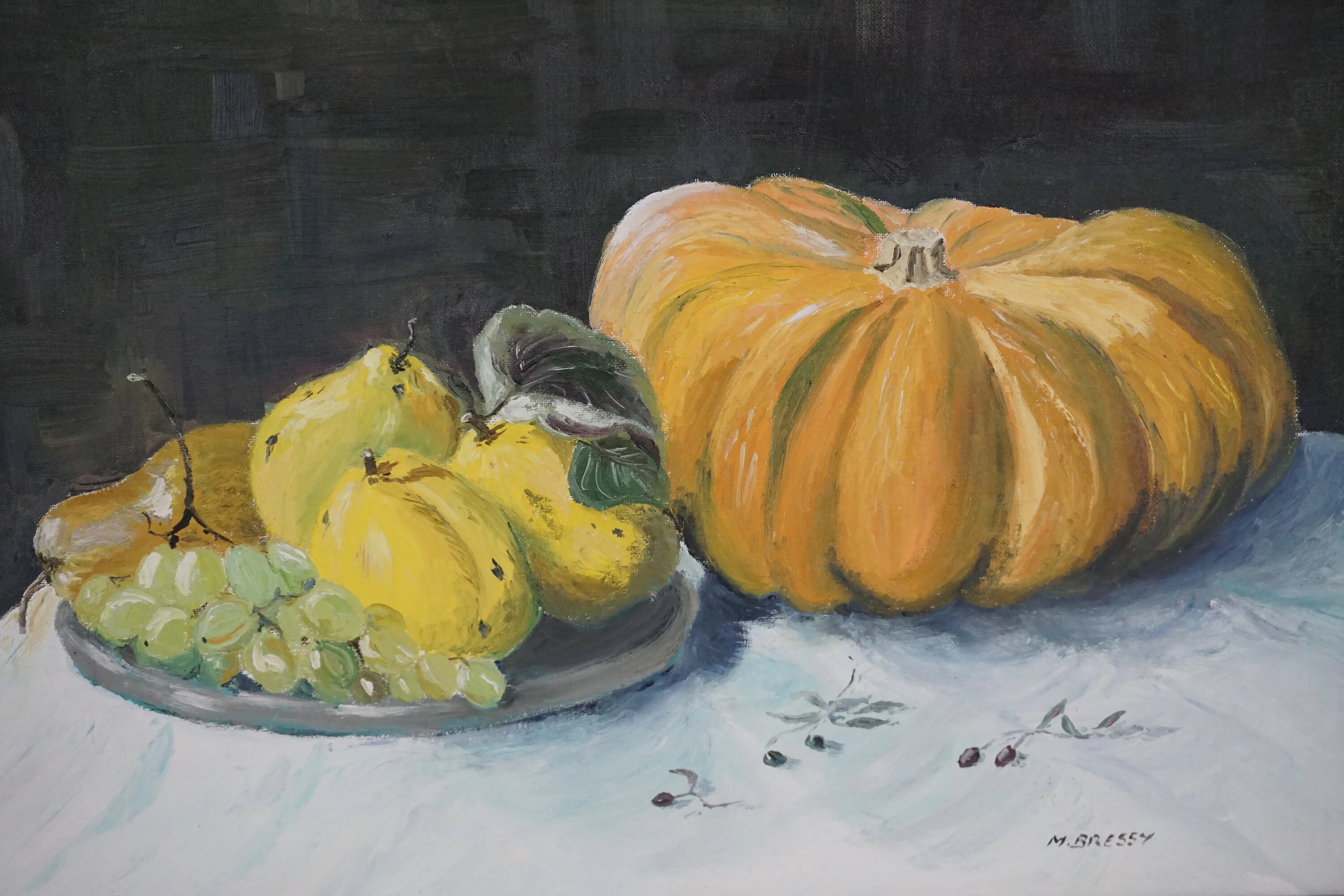 French Still Life Oil Painting with Fall Fruit and Vegetable, Original