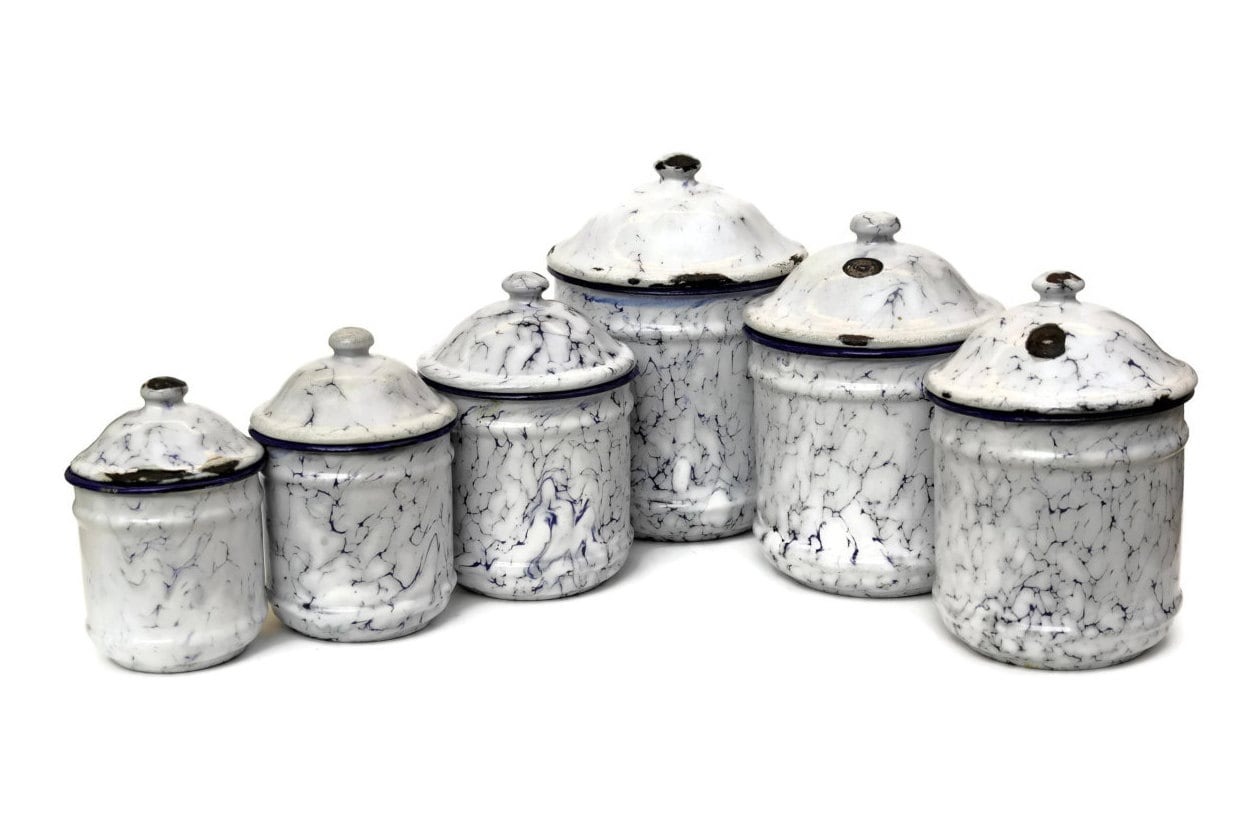 French Enamel Canister Set of 6. Blue and White Graniteware Kitchen Containers.