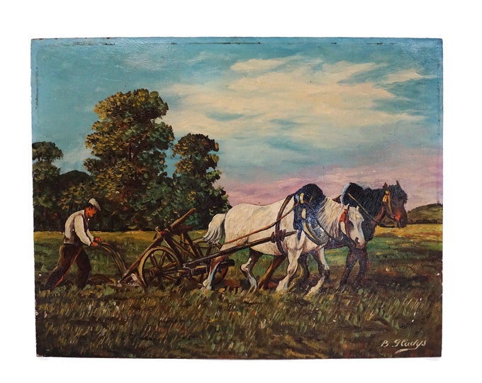 Farmer and Horses Ploughing Field Painting, French Country Farm Landscape Art